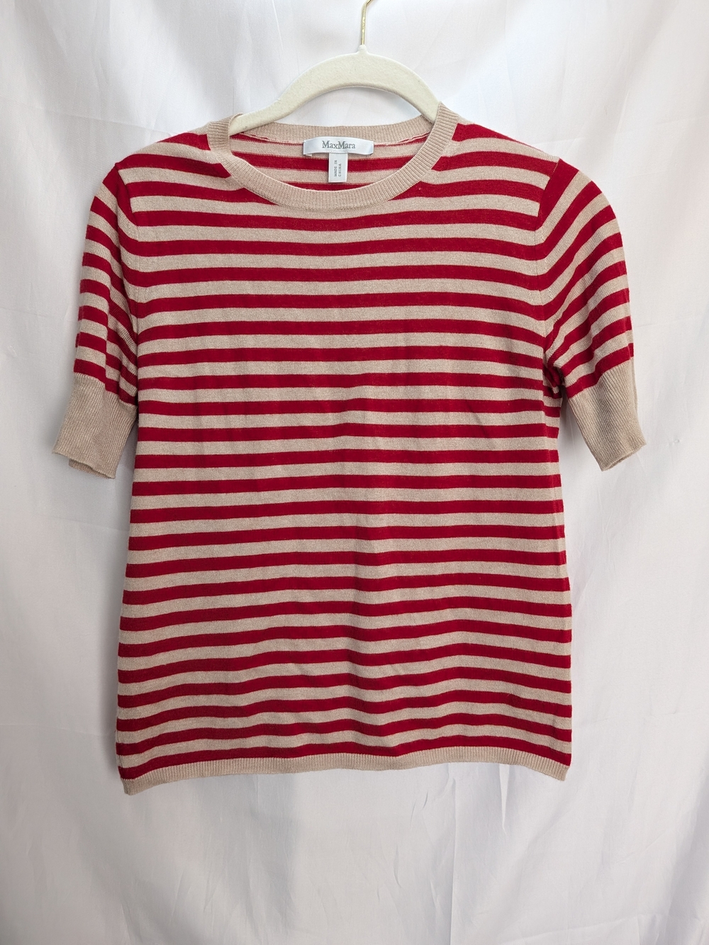 Max Mara Red Beige Striped Knit Top Short Sleeve Button Cuff | No Size Tag (Fits
